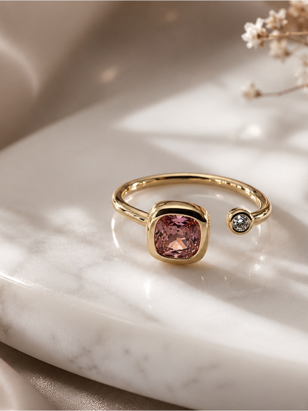 Elegant Gold adjustable  Ring with Pink Cushion Gem and Accent Stone